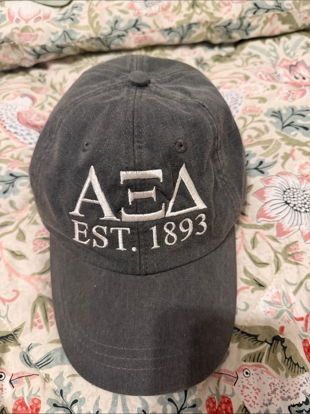 Gray Baseball Cap with White Embroidered Letters Alpha Xi Delta